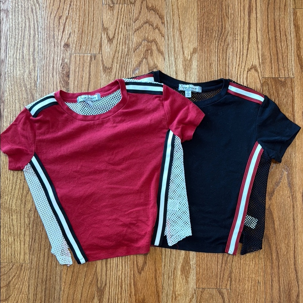 Red and Black Short Sleeve Athletic Tees with See Through Back